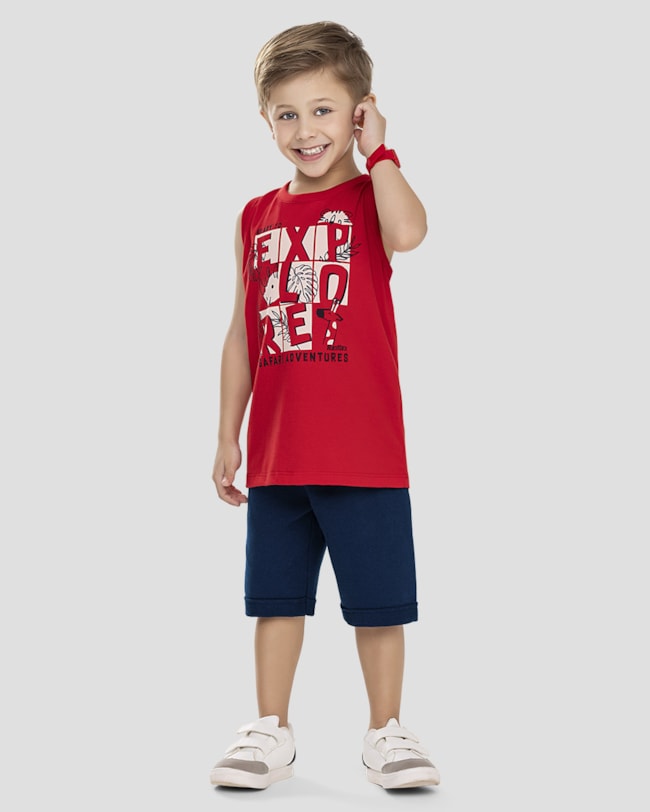 Conjunto Infantil Menino Regata Safari e Bermuda ReiRex Vermelho-9d95c011-5abe-4844-a0e2-9426809c0604