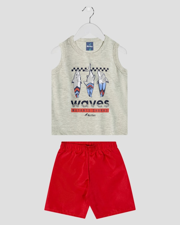 Conjunto Infantil Regata Estampa Tubarão e Bermuda - ReiRex - Mescla