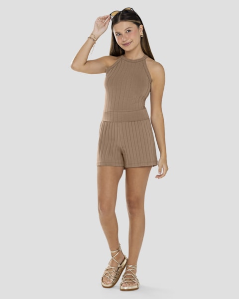 Conjunto Juvenil Feminino Blusa e Shorts Canelado BaseD Marrom