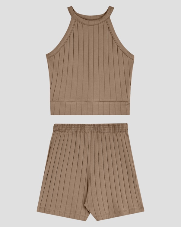 Conjunto Juvenil Feminino Blusa e Shorts Canelado BaseD Marrom