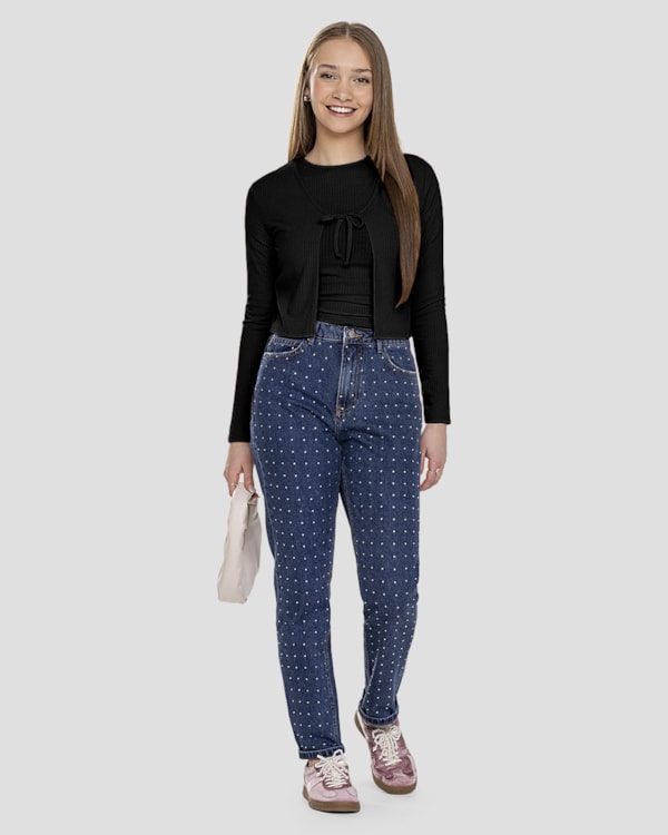 Conjunto Juvenil Feminino Cardigan e Blusa Canelada - BaseD - Preto