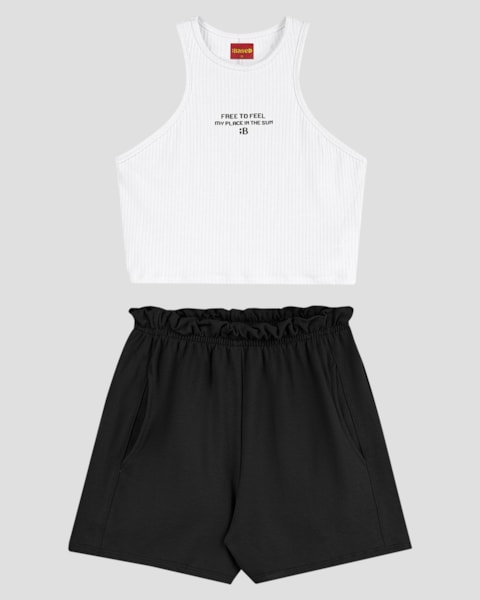 Conjunto Juvenil Feminino Cropped Canelado e Shorts BaseD Branco