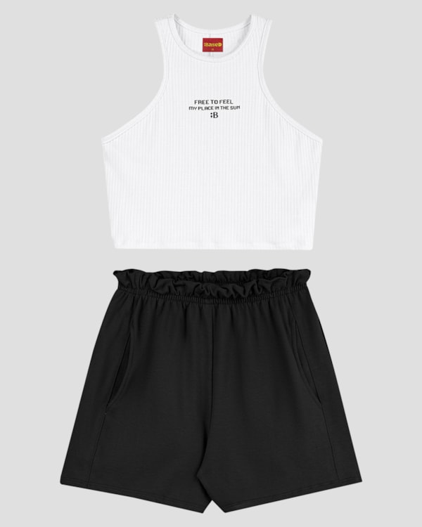 Conjunto Juvenil Feminino Cropped Canelado e Shorts BaseD Branco