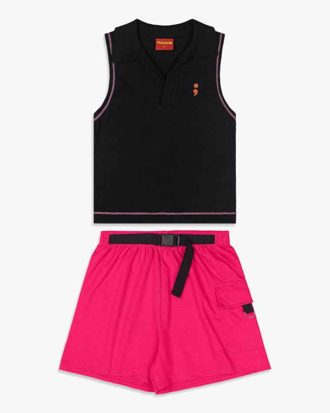 Conjunto Juvenil Feminino Regata Polo e Shorts - BaseD - Preto-102b8c95-5c77-479a-949c-aba1df03a0a6