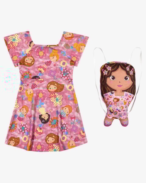 Conjunto Menina Vestido Canelado com Bolsa Boneca - Kely Kety - Blossom