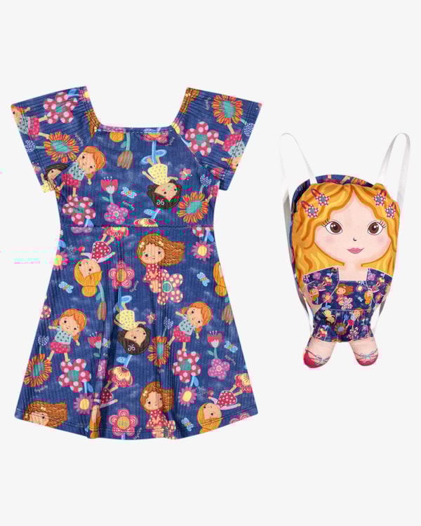 Conjunto Menina Vestido Canelado com Bolsa Boneca - Kely Kety - Marinho