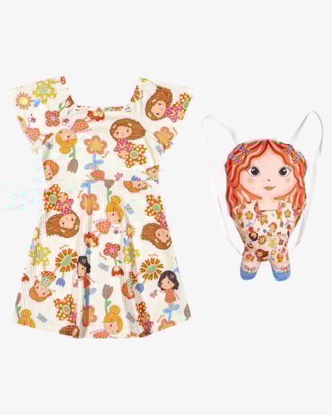 Conjunto Menina Vestido Canelado com Bolsa Boneca - Kely Kety - Natural
