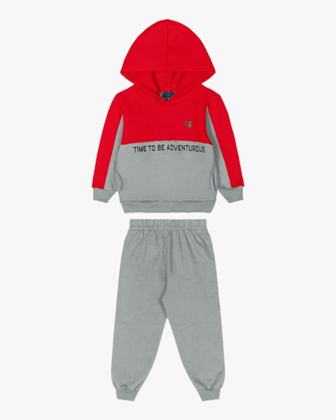 Conjunto Moletom Infantil Menino Bicolor com Capuz - ReiRex - Tomato