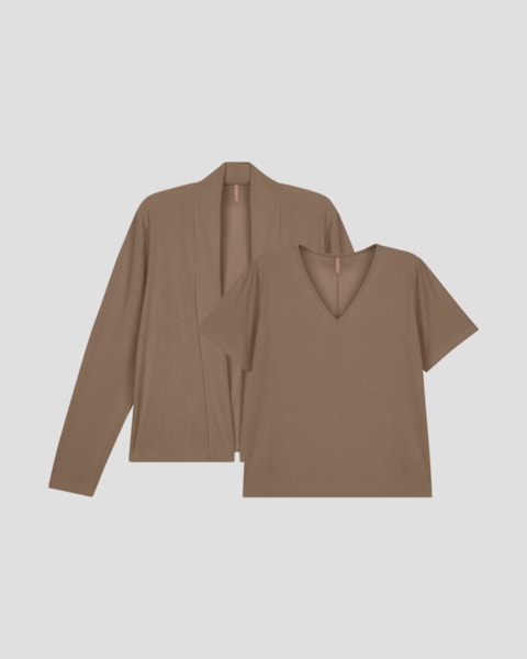 Conjunto Plus Size Blusa e Cardigan Canelado - Cereja Rosa - Marrom