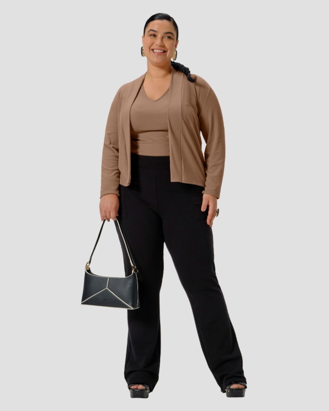 Conjunto Plus Size Blusa e Cardigan Canelado - Cereja Rosa - Marrom-381f1843-6220-4b0b-bb67-6a9f043d8b1f