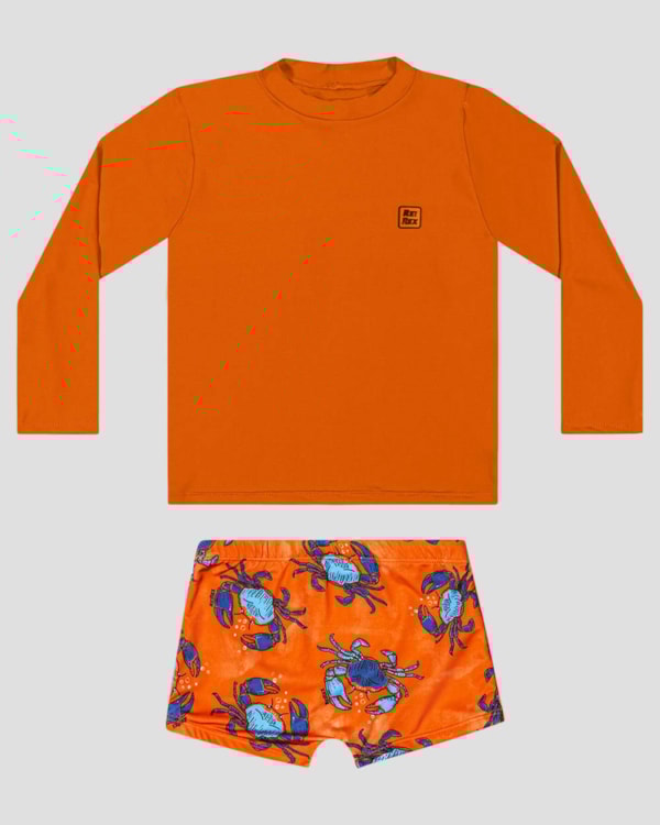 Conjunto Praia Infantil Menino Camiseta e Sunga ReiRex Laranja