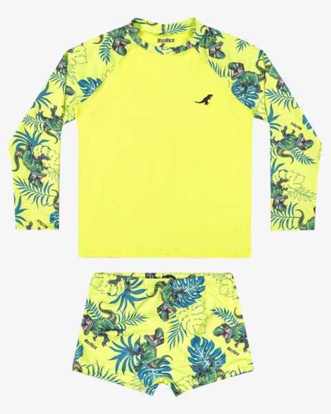 Conjunto Praia Infantil Menino Camiseta UV e Sunga – ReiRex – Amarelo Neon