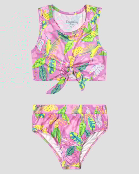 Conjunto Praia Infantil Top e Calcinha Estampado Kely Kety Rosa