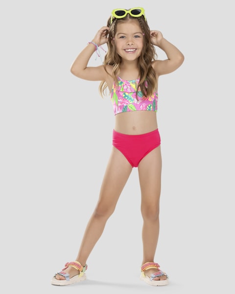 Conjunto Praia Infantil Top Estampado e Calcinha Kely Kety Rosa