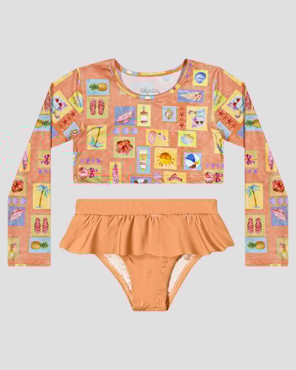 Conjunto Praia Menina Cropped e Calcinha UV 50+ Kely Kety Laranja