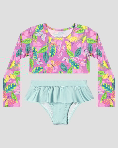 Conjunto Praia Menina Cropped e Calcinha UV 50+ Kely Kety Rosa