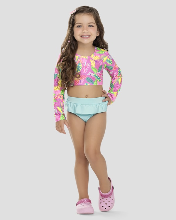 Conjunto Praia Menina Cropped e Calcinha UV 50+ Kely Kety Rosa
