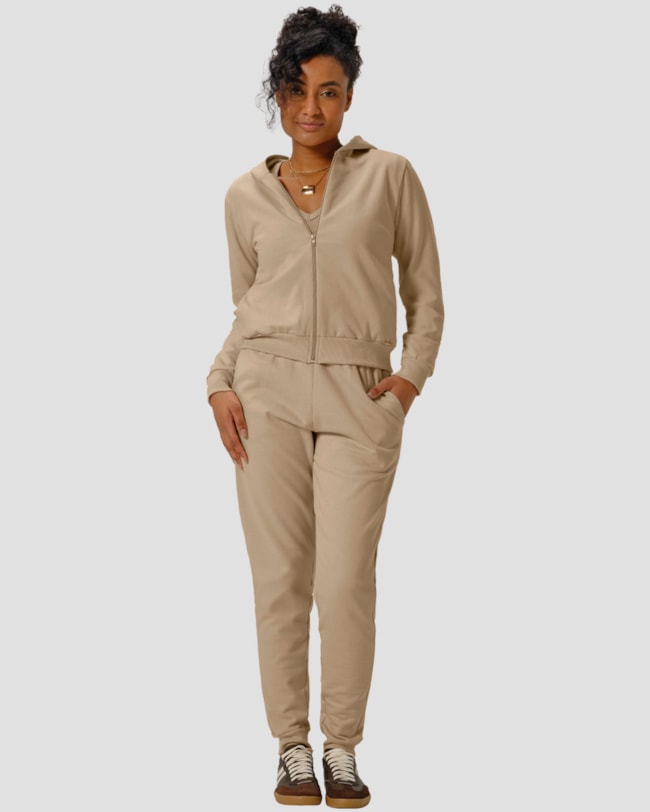 Jaqueta Básica Feminina em Moletom com Capuz - Cereja Rosa - Bege-dfcd8b14-838b-4858-9494-56c40ea01c8f