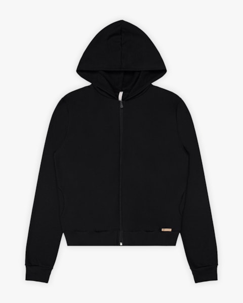 Jaqueta Básica Feminina em Moletom com Capuz - Cereja Rosa - Preto