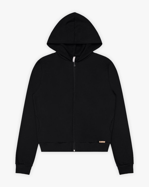 Jaqueta Básica Feminina em Moletom com Capuz - Cereja Rosa - Preto