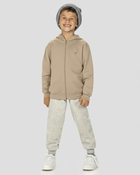 Jaqueta Básica Infantil Menino em Moletom com Capuz - ReiRex - Bege