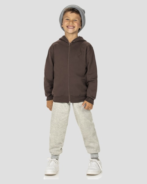 Jaqueta Básica Infantil Menino em Moletom com Capuz - ReiRex - Marrom