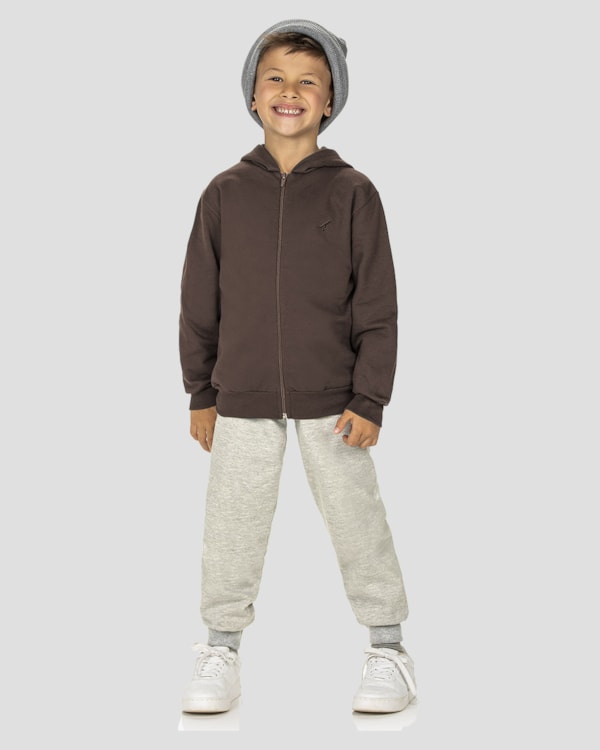 Jaqueta Básica Infantil Menino em Moletom com Capuz - ReiRex - Marrom
