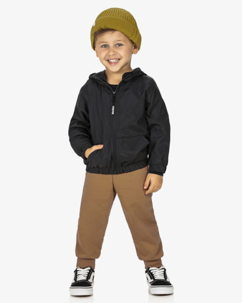 Jaqueta Corta Vento Infantil Menino com Capuz ReiRex - Preto