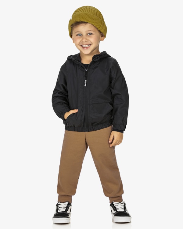 Jaqueta Corta Vento Infantil Menino com Capuz ReiRex - Preto