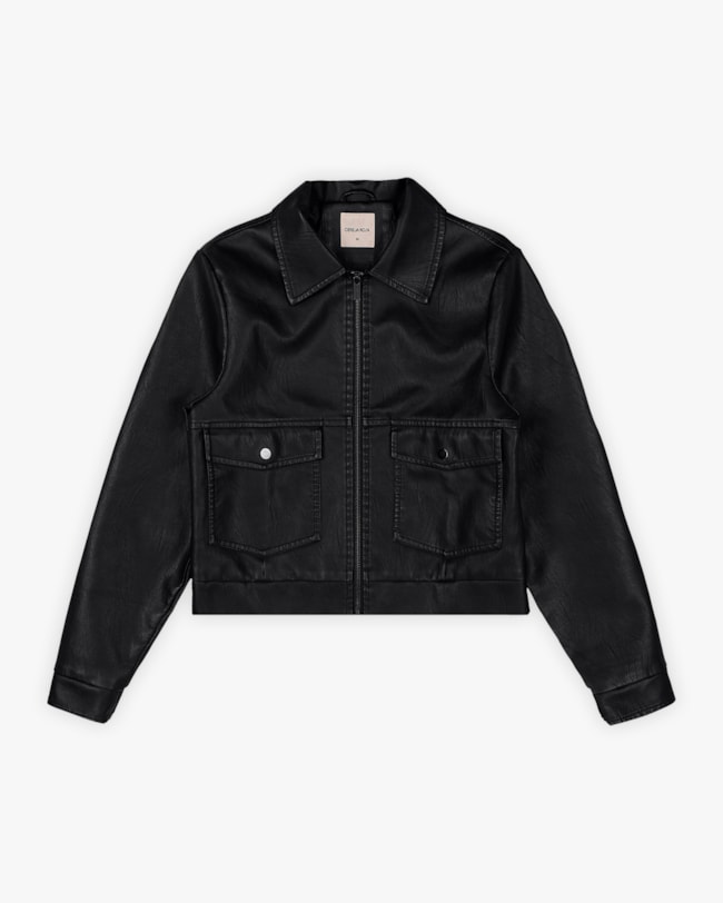 Jaqueta Feminina em Couro Sintético com Bolsos - Cereja Rosa - Preto-47dacb05-4d9e-4a69-926b-26748ac53d9e