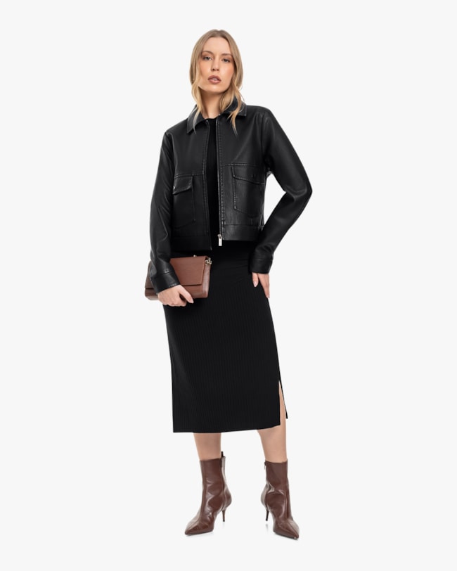 Jaqueta Feminina em Couro Sintético com Bolsos - Cereja Rosa - Preto-c21aa272-0729-4629-bdfd-b9ba5b1002dd