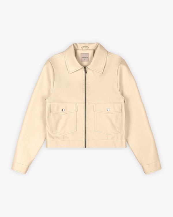 Jaqueta Feminina em Couro Sintético com Bolsos - Cereja Rosa - Tapioca