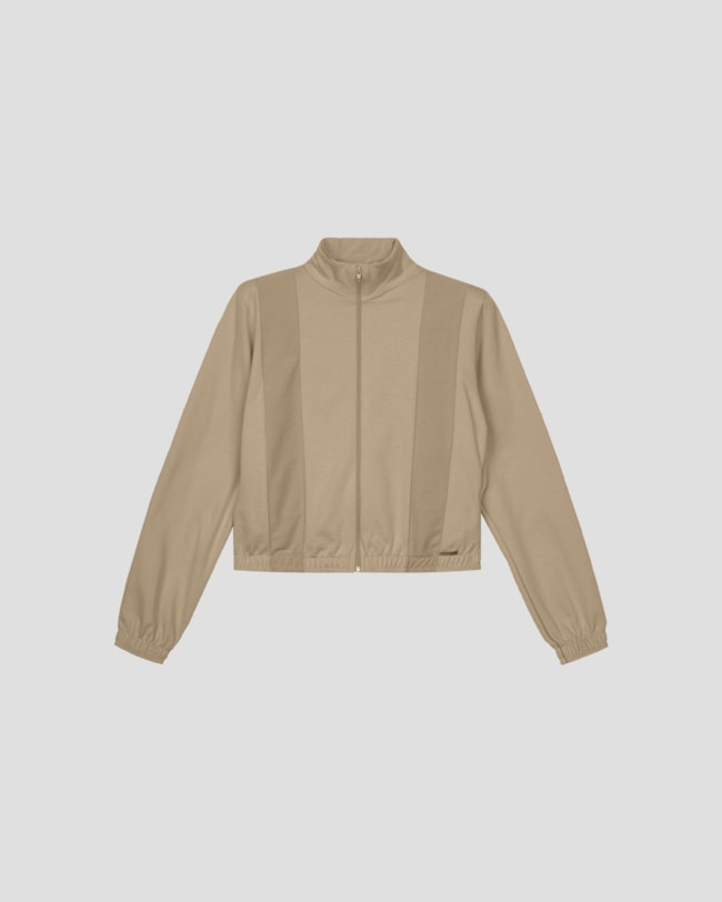 Jaqueta Feminina em Moletom com Recorte e Bolso - Cereja Rosa - Bege-093814c0-f4f4-4c6c-80a8-e2babf3c051e