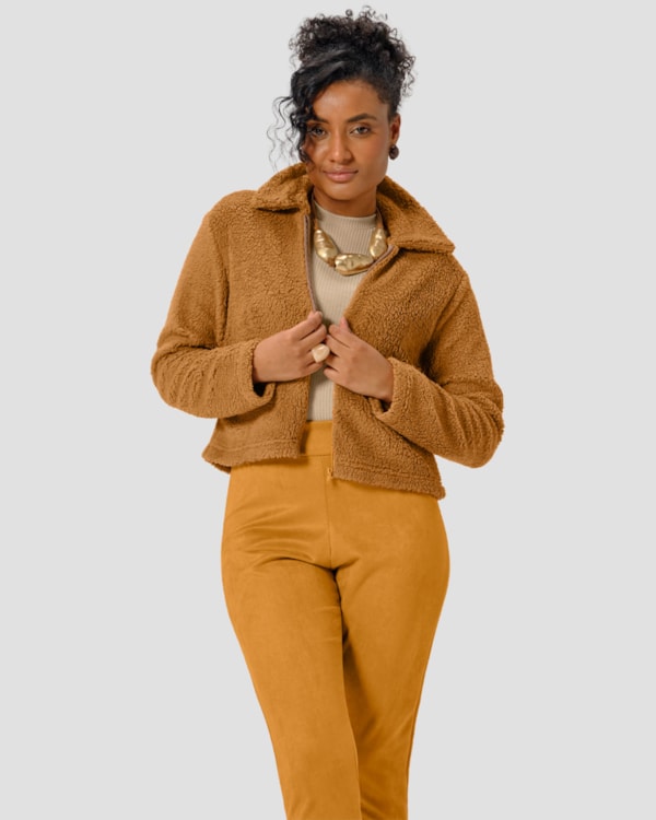 Jaqueta Feminina em Pelo Teddy - Cereja Rosa - Marrom