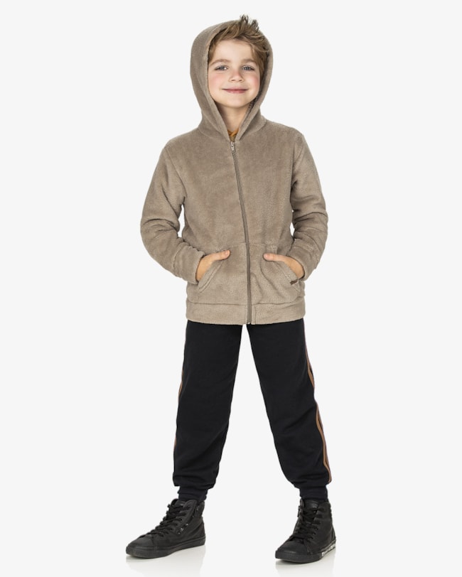 Jaqueta Infantil Menino em Malha Pelúcia ReiRex - Bege-53665757-d064-4b8b-b364-ce29bb44b3ae