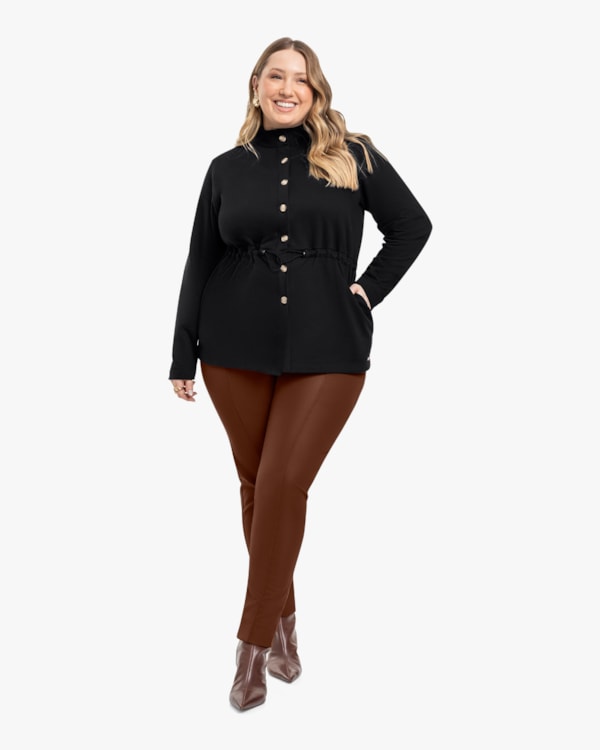 Jaqueta Parka Feminina Plus Size em Moletom - Cereja Rosa  - Preto