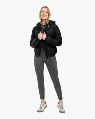 Jaqueta Puffer Feminina com Capuz Removível e Bolso - Cereja Rosa - Preto-G