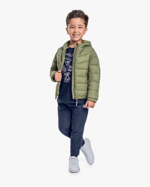 Jaqueta Puffer Infantil Menino com Capuz e Bolso - ReiRex - Verde