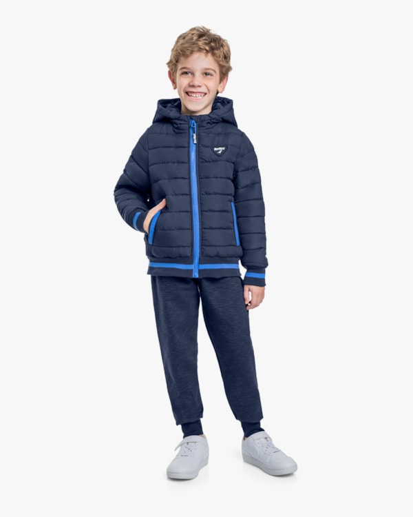 Jaqueta Puffer Infantil Menino com Capuz e Retilínea - ReiRex - Azul