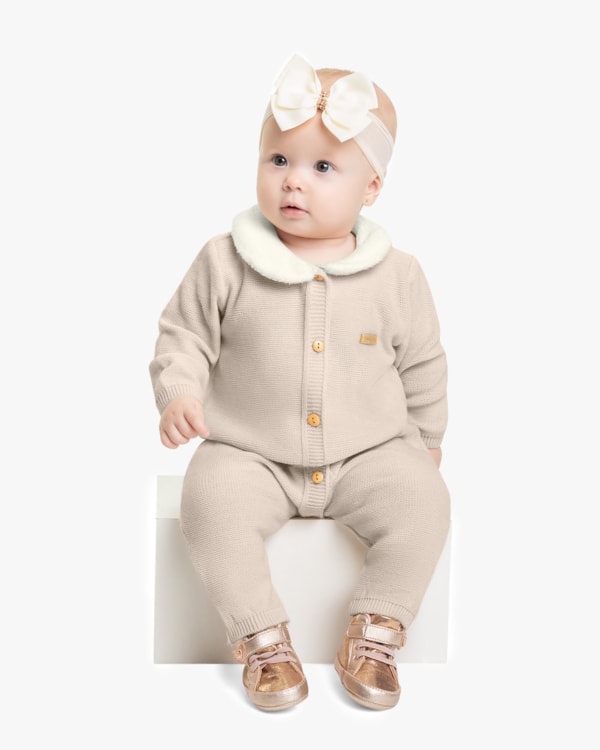 Macacão Bebê Menina Manga Longa em Tricô - Kely Kety - Bege