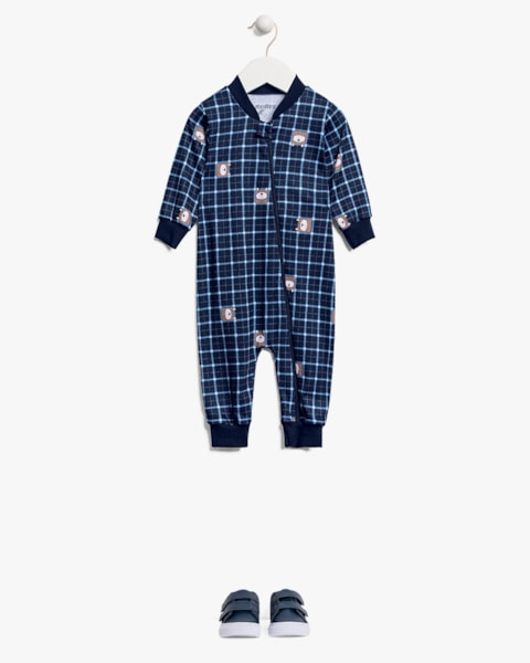 Macacão Bebê Menino com Manga Longa Estampa Urso - ReiRex - Azul