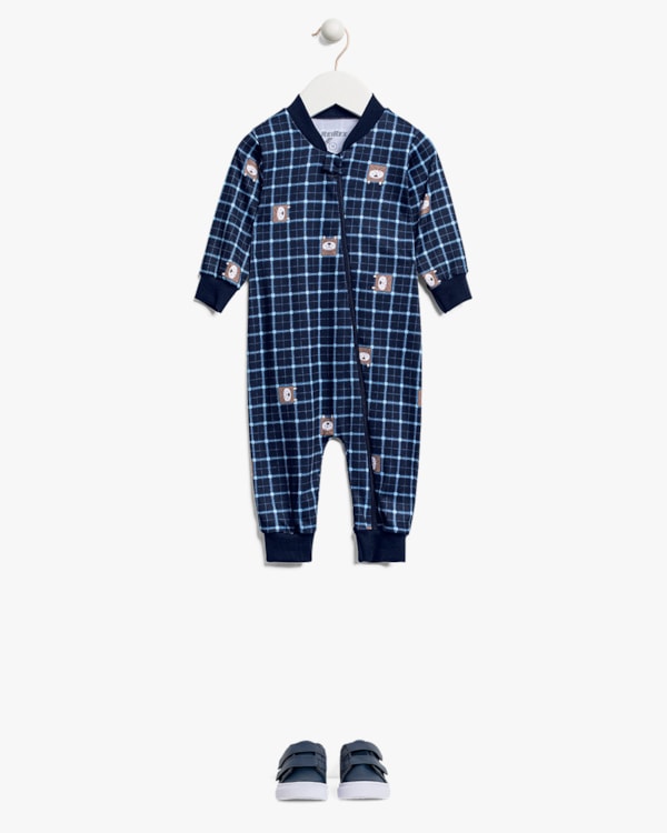 Macacão Bebê Menino com Manga Longa Estampa Urso - ReiRex - Azul