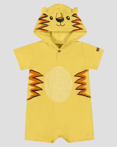 Macacão Bebê Menino Estampa Tigre com Capuz ReiRex Amarelo