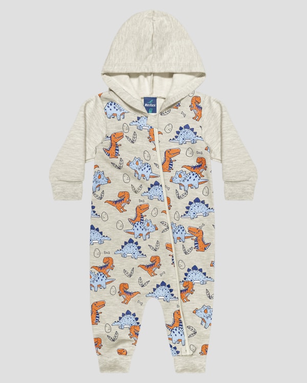 Macacão Bebê Menino Manga Longa com Capuz - ReiRex - Mescla