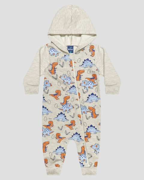 Macacão Bebê Menino Manga Longa com Capuz - ReiRex - Mescla