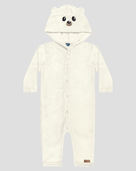 Macacão Bebê Menino Manga Longa com Capuz Ursinho - ReiRex - Branco