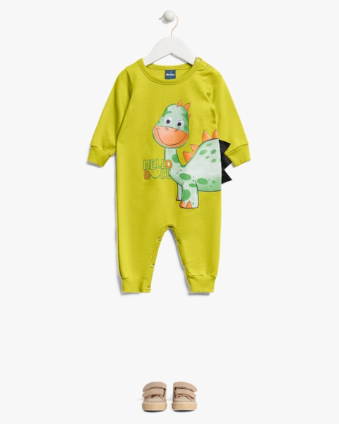 Macacão Bebê Menino Manga Longa com Estampa Interativa - ReiRex - Verde