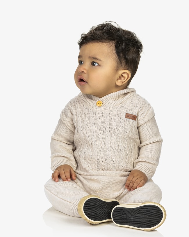 Macacão Bebê Menino Manga Longa em Tricô - ReiRex - Bege-298b938d-0d8b-4904-b3c9-d1b71beb1f27