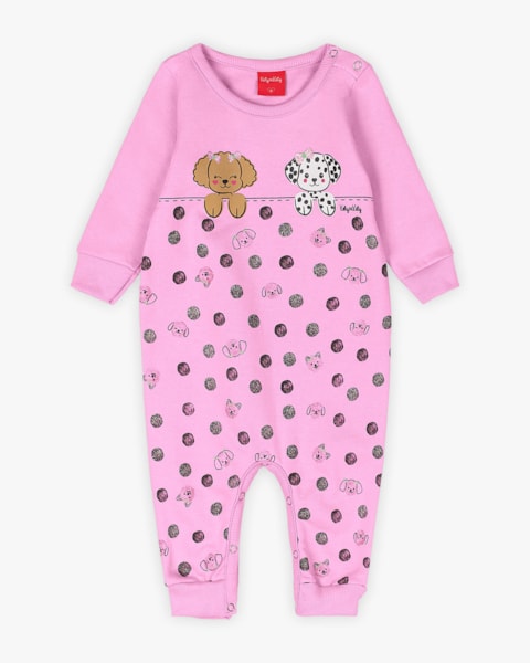 Macacão Longo Bebê Menina em Moletom Estampado - Kely Kety - Rosa