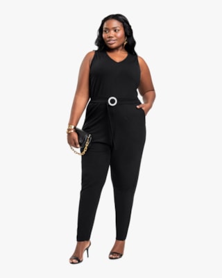 Macacão Longo Feminino Plus Size em Crepe - Cereja Rosa - Preto